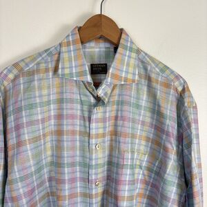 Gitman Bros Shirt Mens M Linen Cotton Pink Blue Green Yellow Plaid Button Up USA